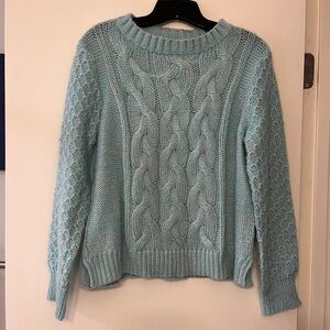 Wooden Ships Mohair, Wool Blend Cable Knit Crew Neck Aqua Blue Sweater NWT S/M